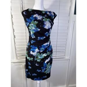 Lauren Ralph Lauren Abstract Floral Ruched Sheath Dress Blue Green Size 4